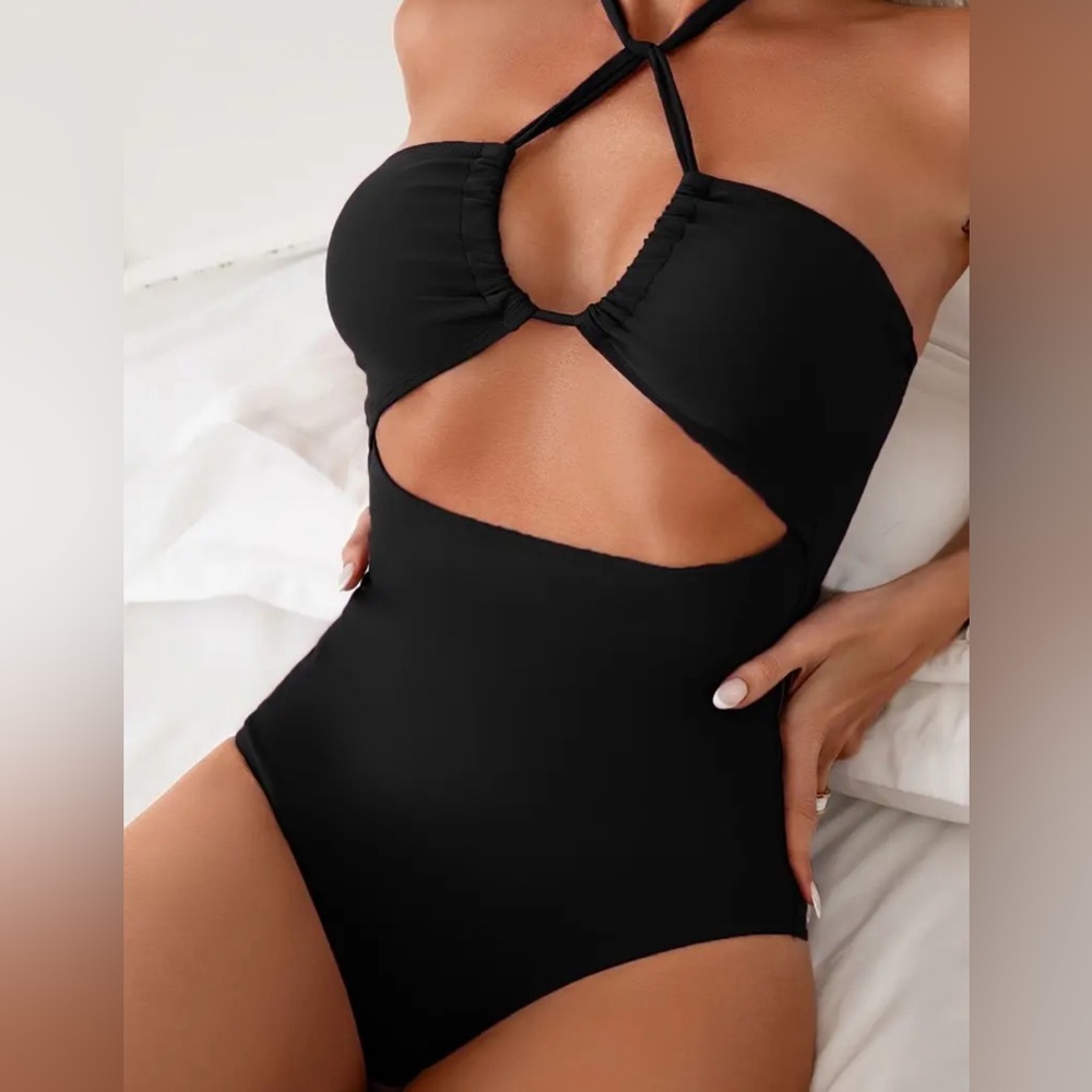NWOT black cutout, one piece swimsuit, halter neck